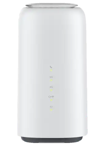 Białe cylindryczne urządzenie z pięcioma diodami LED ułożonymi pionowo na froncie. Od góry oznaczenia: ikona telefonu, 3G, 4G, symbol Wi-Fi i 5G. Wszystkie diody świecą na żółto.