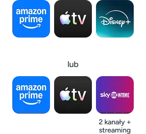 Logotypy Amazon Prime, Apple Tv, Disney + lub Amazon Prime, Apple Tv, Sky Showtime (2 kanały + streaming)