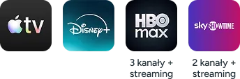 Logotypy Apple Tv, Disney +, Hbo Max (3 kanały + streaming), Sky Showtime (2 kanały + streaming)