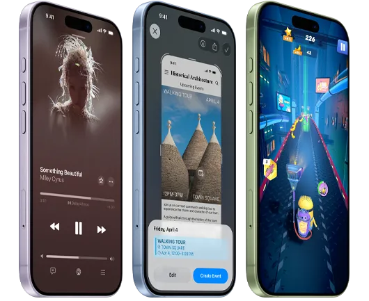Urządzenia iPhone 17 pokazane z przodu i z boku z wyeksponowanymi przyciskami głośności i przyciskiem czynności, na ekranach zaprezentowane są aplikacja Apple Music, funkcja Inteligencja wizualna i gra mobilna