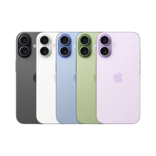 iPhone 17, tył urządzenia, system dwóch aparatów Fusion, wszystkie pięć kolorów nachodzących na siebie: czarny, biały, szałwia, gołębi i lawenda