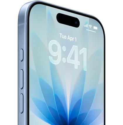 iPhone 17, przód urządzenia, kolor gołębi, Dynamic Island pośrodku, przyciski: przycisk czynności, głośności