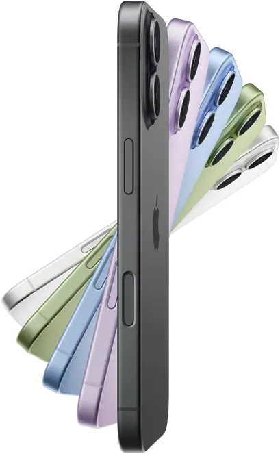 iPhone 17, bok urządzeń w pięciu kolorach: czarny, lawenda, gołębi, szałwia i biały
