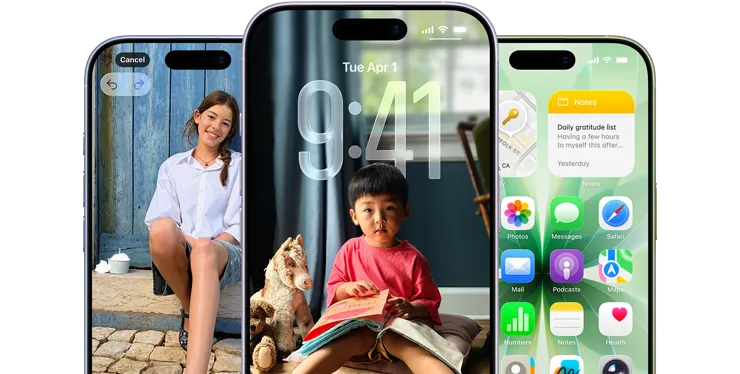 iPhone 17, przód urządzenia, Dynamic Island pośrodku u góry, trzy kolory: gołębi, lawenda, szałwia