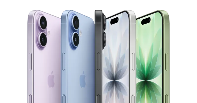 iPhone 17, przód urządzenia, tył urządzenia, bok urządzenia, pięć kolorów: lawenda, gołębi, czarny, biały i szałwia
