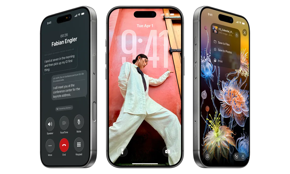 3 modele iPhone’a 17 Pro, przód, ustawione obok siebie urządzenia prezentują iOS 26, efekt Liquid Glass i funkcję Apple Intelligence