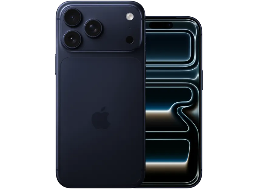 Zestawione obok siebie, iPhone 17 Pro Max, tył obudowy, system Pro aparatów, 3 obiektywy, mikrofon, flesz, wykończenie [B28], iPhone 17 Pro, przód z sięgającym krawędzi wyświetlaczem, wykończenie [B28]