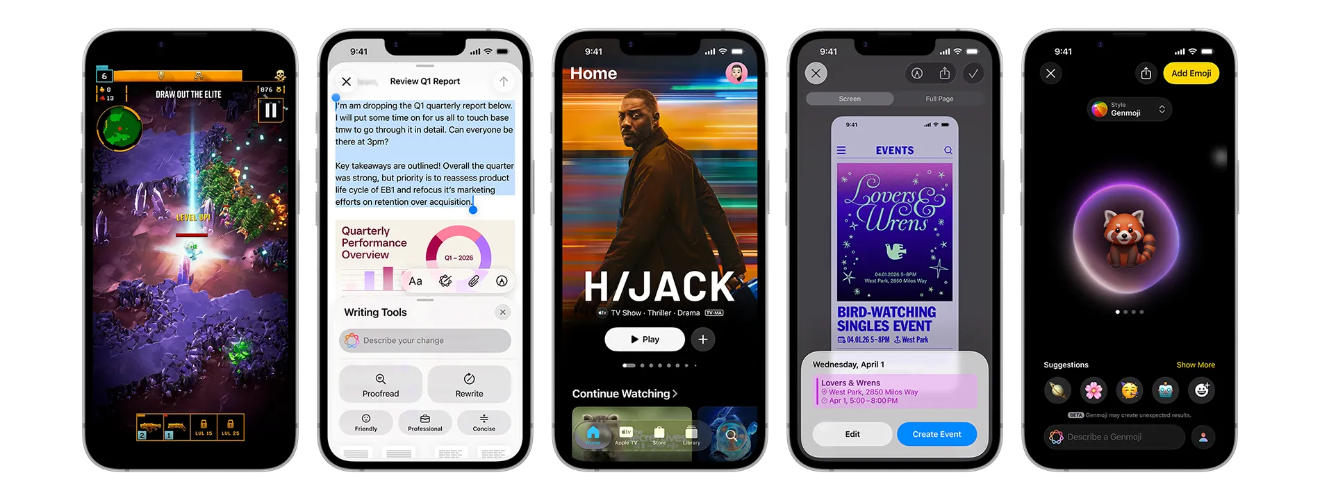 Urządzenia iPhone 17e obok siebie z różnymi ekranami, a na nich: rozgrywana gra, Narzędzia pisania, aplikacja Apple TV, wydarzenie w kalendarzu w trakcie tworzenia, tworzenie Genmoji