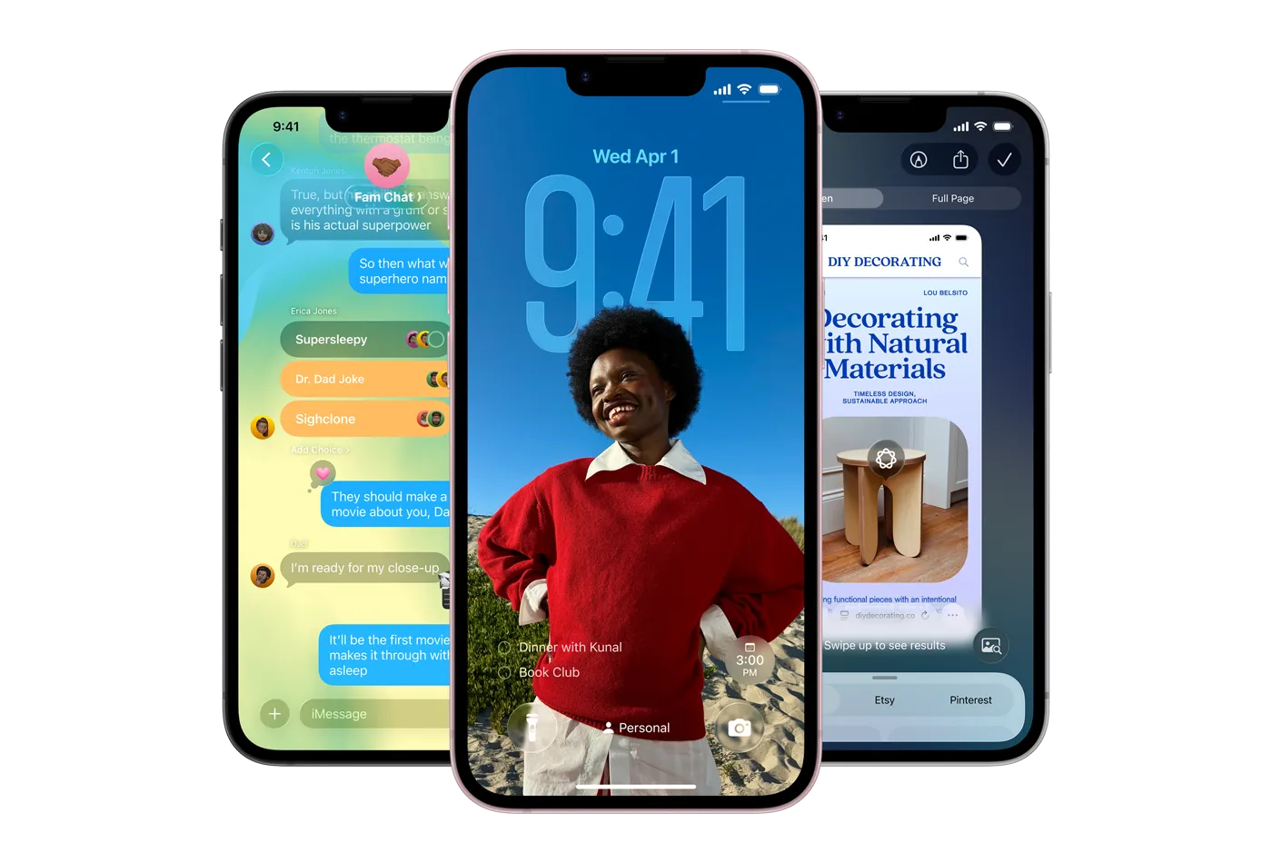 Trzy urządzenia iPhone 17e, na ekranach pokazane: apka Wiadomości z efektem Liquid Glass, dynamiczny ekran blokady i funkcja Inteligencja wizualna w użyciu