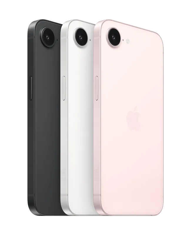 iPhone 17e, bok i tył obudowy, kolor czarny, bok i tył obudowy, kolor biały, bok i tył obudowy, kolor jasnoróżowy, aparat Fusion w górnej części urządzenia, przycisk boczny