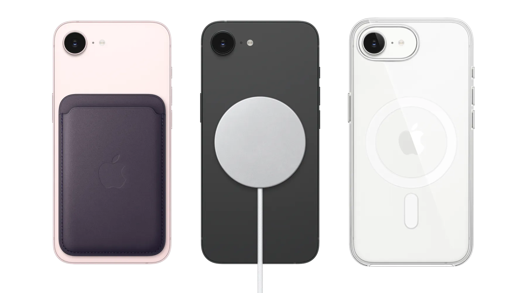 iPhone 17e, tył obudowy, kolor jasnoróżowy, portfel z tkaniny FineWoven z MagSafe. iPhone 17e, tył obudowy, kolor czarny, podłączona ładowarka MagSafe. iPhone 17e, tył obudowy, kolor biały, przezroczyste etui z MagSafe