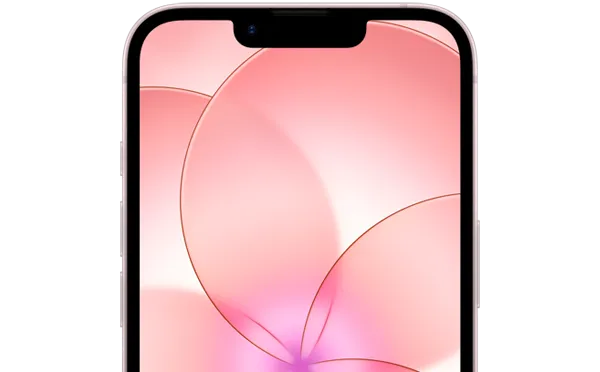 iPhone 17e, częściowo widoczny przód obudowy z warstwą Ceramic Shield 2, kolor jasnoróżowy, na ekranie tapeta z różowym kwiatem