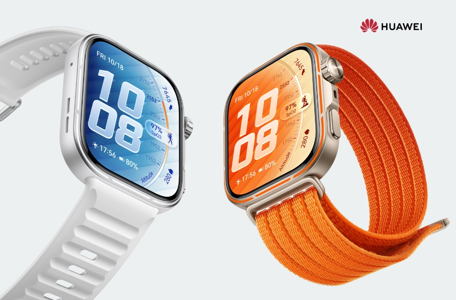 Dwa zegarki Huawei Watch Fit 5 Pro z tytanowymi kopertami. Jeden na białym drugi na pomarańczowym pasku, obok logo HUAWEI.