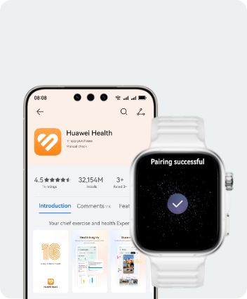 Zegarek Huawei Watch Fit 5 Pro z białym paskiem, w tle ekran smartfona z widoczną ikoną aplikacji Huawei Zdrowie.