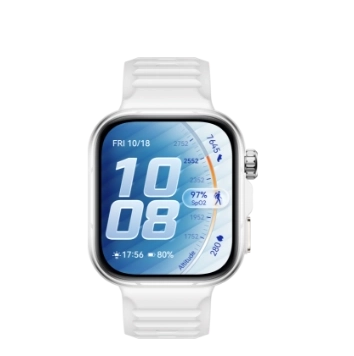 Zegarek Huawei Watch Fit 5 Pro z białym, fluoroelastomerowym paskiem. Ekran wyświetla datę, godzinę i wskazania liczbowe.