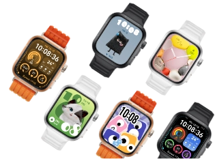 Sześć, różnokolorowych, zegarków Huawei Watch Fit 5 Pro widzianych z góry. Na ekranach różne, wielokolorowe tarcze godzinowe.
