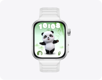 Ekran zegarka Huawei Watch Fit 5 Pro z białym paskiem wyświetla grafikę pandy z otwartymi ramionami na zielonym tle
