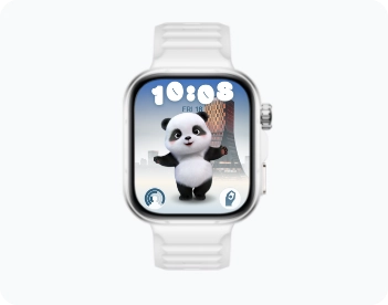 Na ekranie zegarka Huawei Watch Fit 5 Pro z białym paskiem grafika pandy z otwartymi ramionami na niebiesko-białym tle.