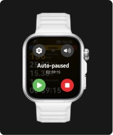 Zegarek Huawei Watch Fit 5 Pro na białym pasku. Ekran wyświetla cztery ikony: stop, odtwórz, głośnik i ustawienia.