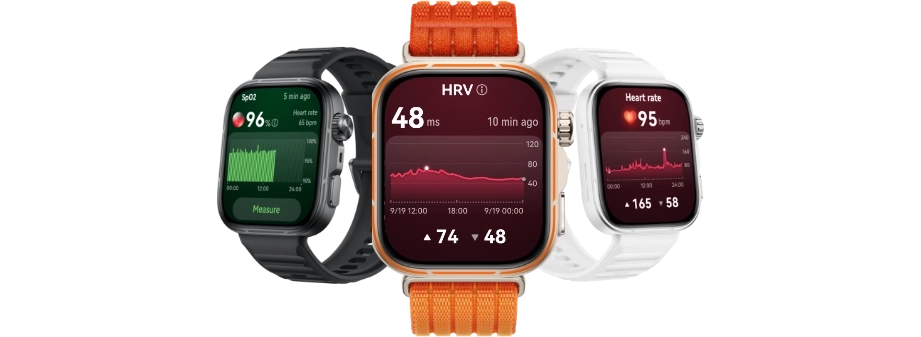 Trzy, różnokolorowe, zegarki Huawei Watch Fit 5 Pro. Ich ekrany wyświetlają wykresy liniowe i dane liczbowe.