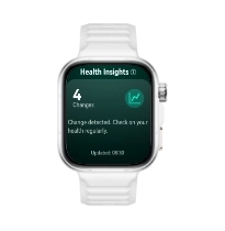Zegarek Huawei Watch Fit 5 Pro z białym paskiem, na ekranie ikona wykresu liniowego i cyfra.