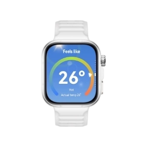 Zegarek Huawei Watch Fit 5 Pro z białym paskiem na ekranie kolorowy wykres kołowy z markerem i liczbowe wskazanie temperatury