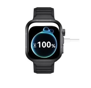 Czarny zegarek Huawei Watch Fit 5 Pro na ekranie ikona ładowania i bańka z wartością procentową. Obok liczby