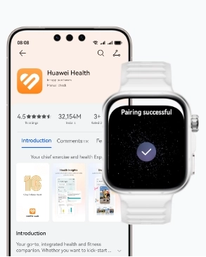 Zegarek Huawei Watch Fit 5 Pro na ekranie ikona „zrobione” w tle smartfon wyświetla na ekranie logo aplikacji Huawei Zdrowie