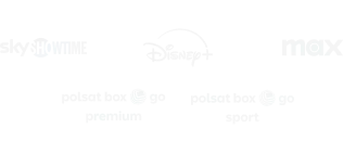 Logotypy platform streamingowych: SkyShowtime, Disney+, Max, PolsatBox GO Premium, PolsatBox GO Sport