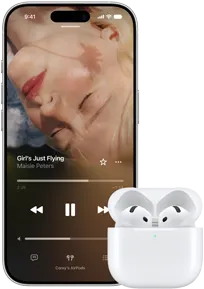 iPhone i AirPodsy w otwartym etui ładującym