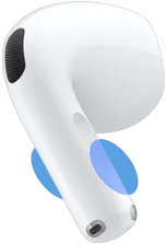 Słuchawka AirPods 5, niebieskie okręgi wskazują miejsca, gdzie należy dotknąć końcówki, żeby regulować głośność