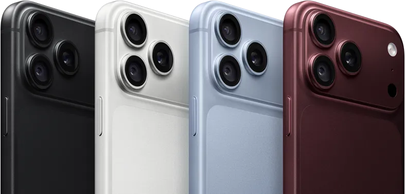 Kilka urządzeń iPhone 18 Pro w rzędzie, tył obudowy, wszystkie cztery kolory: burgund, błękit lodowca, srebrny, czarny, system Pro aparatów Fusion w lewym górnym rogu, 3 obiektywy, mikrofon, flesz