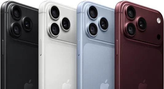 Kilka urządzeń iPhone 18 Pro w rzędzie, tył obudowy, wszystkie cztery kolory: burgund, błękit lodowca, srebrny, czarny, system Pro aparatów Fusion w lewym górnym rogu, 3 obiektywy, mikrofon, flesz