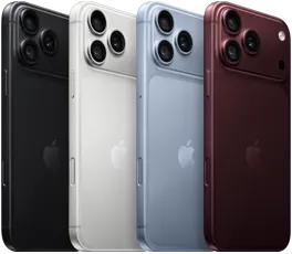 Kilka urządzeń iPhone 18 Pro w rzędzie, tył obudowy, wszystkie cztery kolory: burgund, błękit lodowca, srebrny, czarny, system Pro aparatów Fusion w lewym górnym rogu, 3 obiektywy, mikrofon, flesz