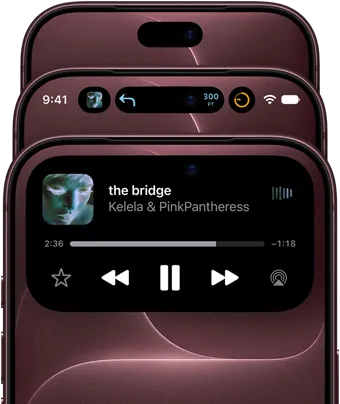 3 iPhone’y 18 Pro w kolorze burgunda ułożone w wachlarz, prezentujące Dynamic Island w różnych trybach: wyłączonym, zminimalizowanym i zmaksymalizowanym