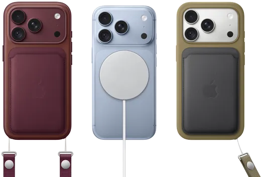 iPhone 18 Pro, tył obudowy, kolor burgunda, portfel z tkaniny FineWoven z MagSafe w kolorze burgunda; iPhone 18 Pro, tył obudowy, w kolorze błękit lodowca z przyczepionym akumulatorem MagSafe; iPhone 18 Pro, tył obudowy, kolor srebrny, z silikonowym etui w kolorze zielonym i ładowarką MagSafe