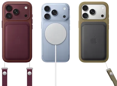 iPhone 18 Pro, tył obudowy, kolor burgunda, portfel z tkaniny FineWoven z MagSafe w kolorze burgunda; iPhone 18 Pro, tył obudowy, w kolorze błękit lodowca z przyczepionym akumulatorem MagSafe; iPhone 18 Pro, tył obudowy, kolor srebrny, z silikonowym etui w kolorze zielonym i ładowarką MagSafe