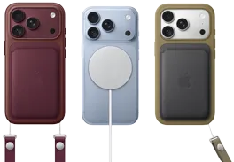 iPhone 18 Pro, tył obudowy, kolor burgunda, portfel z tkaniny FineWoven z MagSafe w kolorze burgunda; iPhone 18 Pro, tył obudowy, w kolorze błękit lodowca z przyczepionym akumulatorem MagSafe; iPhone 18 Pro, tył obudowy, kolor srebrny, z silikonowym etui w kolorze zielonym i ładowarką MagSafe
