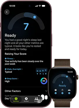 iPhone 18 Pro, kolor czarny, przód obudowy, widać wynik oceny gotowości (ocena 7), urządzenie sparowane z widocznym od przodu brązowym Apple Watch, widać ten sam wynik oceny gotowości (ocena 7)