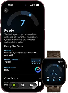 iPhone 18 Pro, kolor czarny, przód obudowy, widać wynik oceny gotowości (ocena 7), urządzenie sparowane z widocznym od przodu brązowym Apple Watch, widać ten sam wynik oceny gotowości (ocena 7)