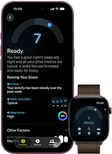 iPhone 18 Pro, kolor czarny, przód obudowy, widać wynik oceny gotowości (ocena 7), urządzenie sparowane z widocznym od przodu brązowym Apple Watch, widać ten sam wynik oceny gotowości (ocena 7)