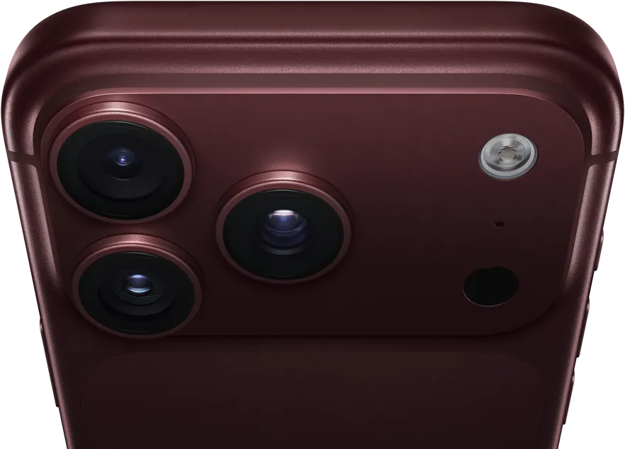 iPhone 18 Pro Max w kolorze burgunda (ciemna czerwień), tył obudowy, system Pro aparatów Fusion w górnej części urządzenia, 3 obiektywy, częściowo zamknięte klapki zmiennej przysłony, flesz, mikrofon i skaner LiDAR, góra obudowy, antena łączności komórkowej, płaskie boki, zaokrąglone rogi