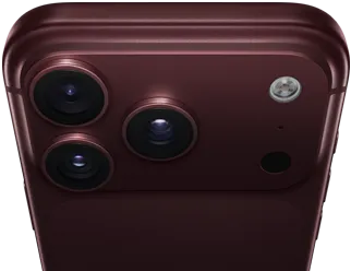 iPhone 18 Pro Max w kolorze burgunda (ciemna czerwień), tył obudowy, system Pro aparatów Fusion w górnej części urządzenia, 3 obiektywy, częściowo zamknięte klapki zmiennej przysłony, flesz, mikrofon i skaner LiDAR, góra obudowy, antena łączności komórkowej, płaskie boki, zaokrąglone rogi