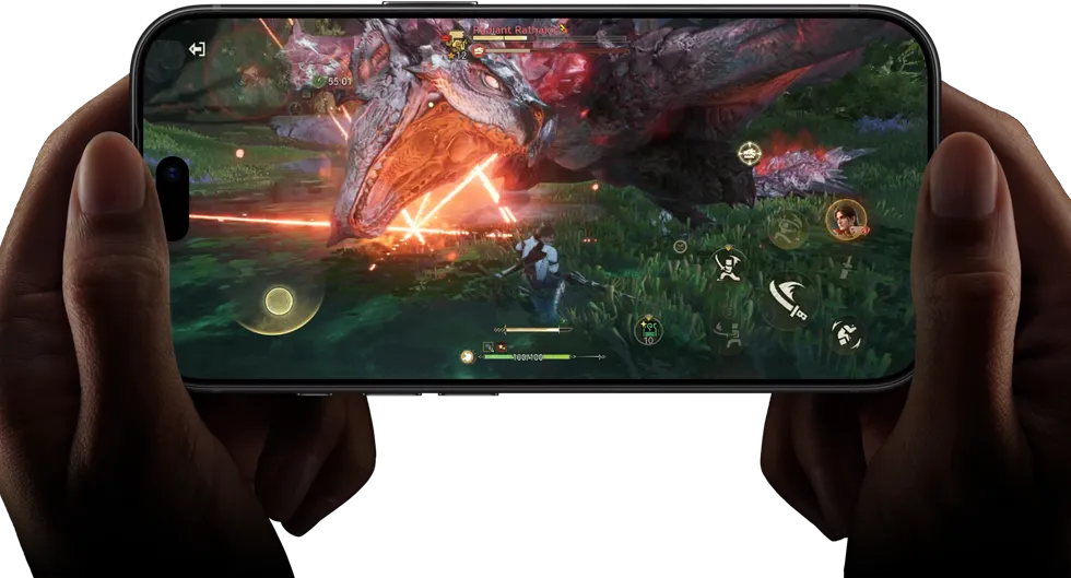 iPhone 18 Pro, przód obudowy, na ekranie zaprezentowane możliwości czipa A20 Pro za pomocą sceny z gry Monster Hunter Outlanders