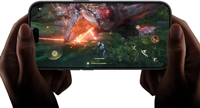 iPhone 18 Pro, przód obudowy, na ekranie zaprezentowane możliwości czipa A20 Pro za pomocą sceny z gry Monster Hunter Outlanders