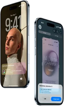 Dwa urządzenia iPhone Air pokazane z boku i z przodu, wyeksponowane są smukły profil, ekran blokady i działanie funkcji Inteligencja wizualna