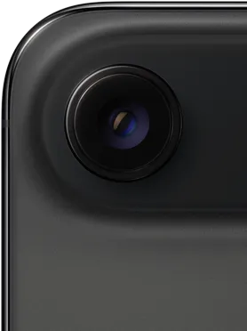 iPhone Air w kolorze gwiezdnej czerni pokazany z tyłu. Wyeksponowane górny zaokrąglony róg urządzenia i system aparatu Fusion z pojedynczym obiektywem