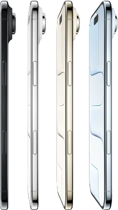 Pokazany z boku iPhone Air we wszystkich czterech kolorach: błękitnym, jasnego złota, białego obłoku i gwiezdnej czerni. Prezentacja bardzo smukłego profilu, systemu aparatu Fusion, przycisku bocznego i panelu Sterowanie aparatem