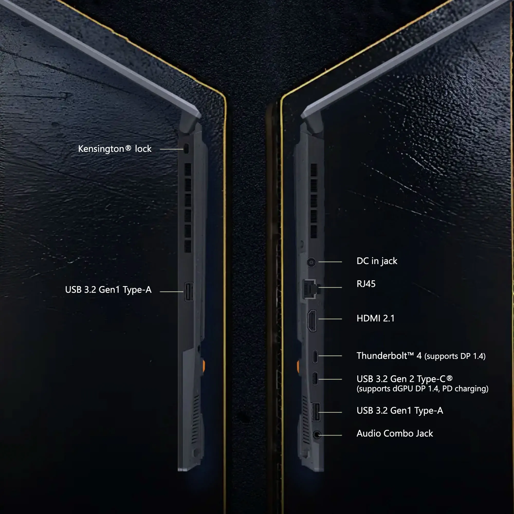 Widok bocznych portów laptopa ASUS TUF – po lewej stronie gniazdo Kensington Lock i USB 3.2 Gen1 Type-A, po prawej stronie DC in, RJ45, HDMI 2.1, Thunderbolt 4, USB 3.2 Gen2 Type-C, USB 3.2 Gen1 Type-A oraz gniazdo combo audio