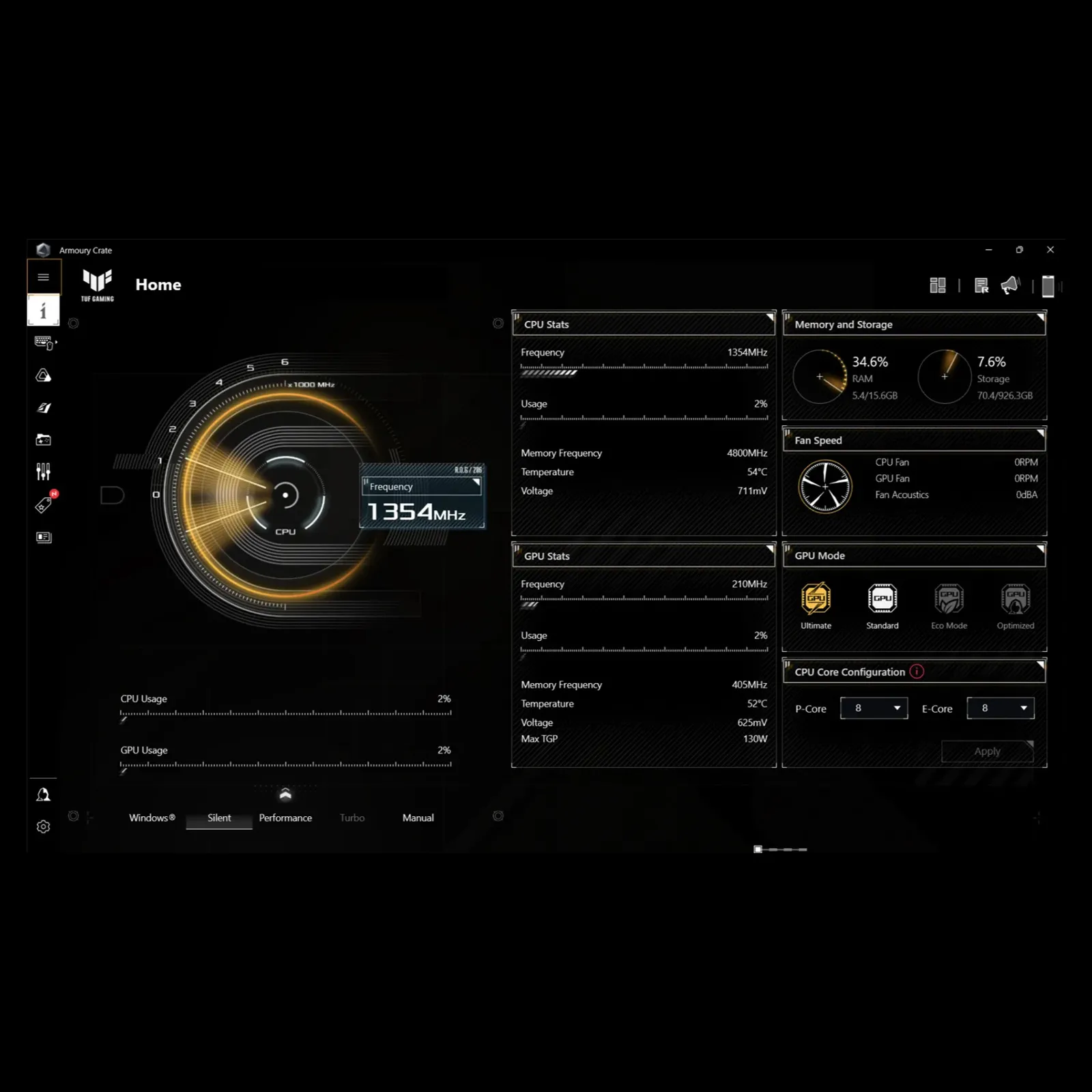 Ekran aplikacji Armory Crate dla laptopa ASUS TUF, pokazujący statystyki CPU i GPU, użycie pamięci RAM i dysku, tryby pracy wentylatorów, konfigurację rdzeni oraz wybór trybów GPU (Ultimate, Standard, Eco, Optimized).